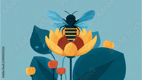 Bee Flying Over Yellow Wildflowers Pollinating in Summer

