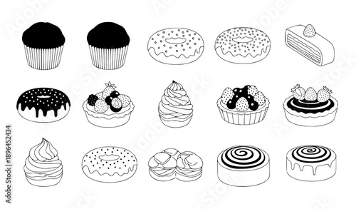 Black outline dessert vector collection with muffins, donuts, and tarts for bakery and menu design