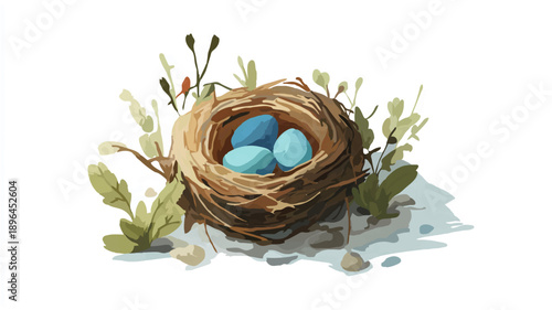 Bird Nest Holding Eggs: Springtime Nesting Illustration


