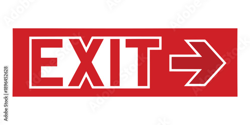 Red exit sign with white arrow pointing right on white background