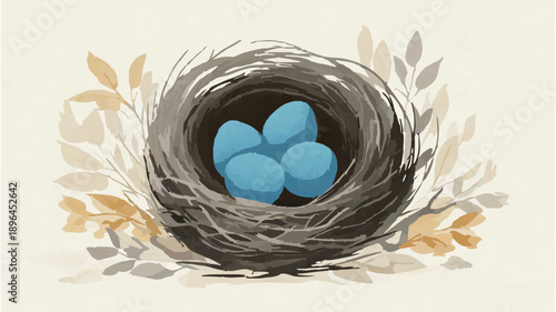 Bird Nest Holding Eggs: Springtime Nesting Illustration

