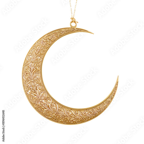 Gold Crescent Moon Pendant Displayed Against a White Background