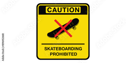 Yellow caution sign prohibiting skateboarding isolated on white background