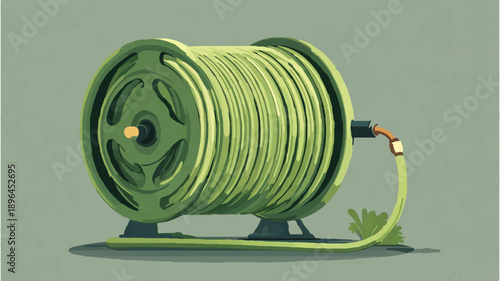 Green Hose Coiled: Gardening Equipment on Green Background

