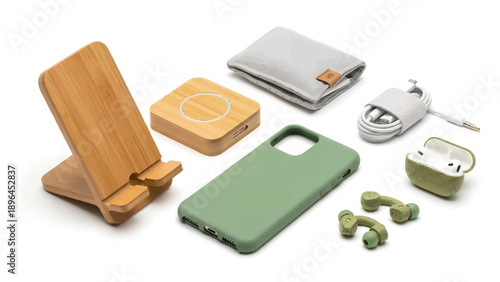 Eco-friendly tech accessories including phone case and wireless earbuds