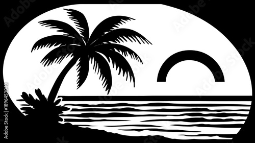 A black and white tropical scene with a palm tree, sun, ocean and beach in an oval