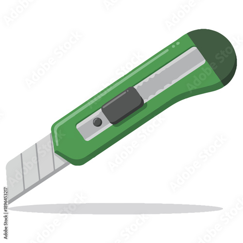 Green utility knife with silver blade and black button on white background