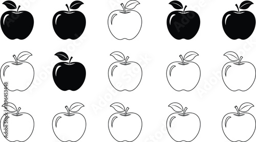 Extensive apple icon collection mega-set featuring fifteen variations of solid silhouettes and line art outlines for diverse branding.