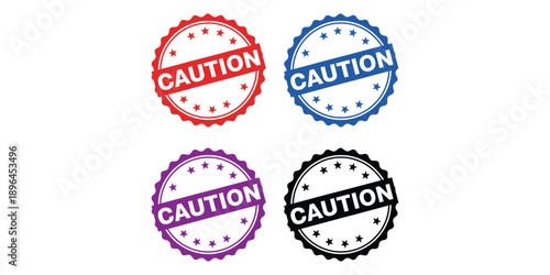 Colorful caution stamps in red blue purple and black isolated on white background