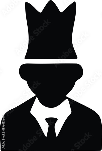 A stylized black silhouette of a person wearing a crown and suit ideal for royalty themed designs on transparent background