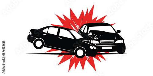 Black silhouette of two cars crashing with red explosion