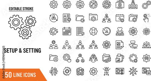 Set of 50 Setup and Setting Line Icons Featuring Editable Stroke Symbols for Configuration Optimization System Management Gear Process and Technical Operations