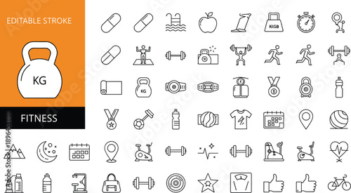 Set of 50 Fitness Line Icons Featuring Editable Stroke Symbols for Gym Workout Bodybuilding Healthy Lifestyle Sport Equipment Nutrition and Yoga