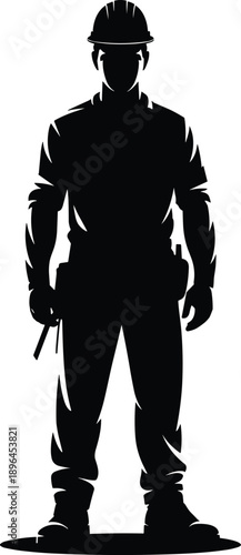 Construction worker silhouette wearing hard hat and tool belt, standing pose for building industry, manual labor professional, engineering contractor, industrial worker vector illustration