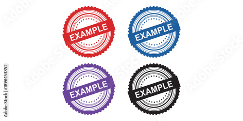 Four example stamps in red, blue, purple, and black isolated on white background