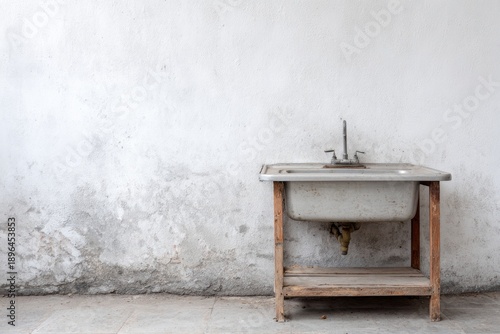 Dilapidated utility sink stands against a textured, aged white wall