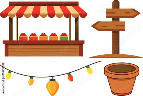 Colorful illustration of a market stand with a signpost string lights and a flower pot