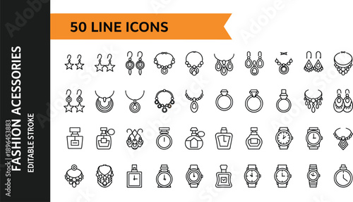 Set of 50 Fashion Accessories Line Icons Featuring Editable Stroke Symbols for Jewelry Necklace Earrings Rings Watches Perfume and Luxury Beauty Design