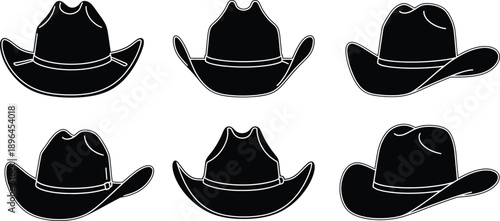 Collection of six black silhouette cowboy hats