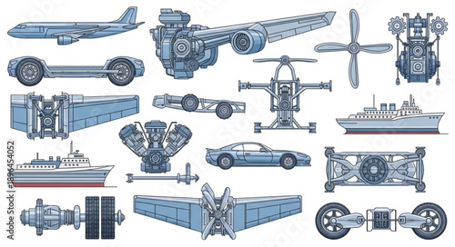 Collection of Mechanical Engineering Components and Vehicles.