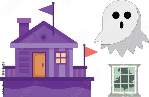 A purple house with a ghost and a window on a spooky night