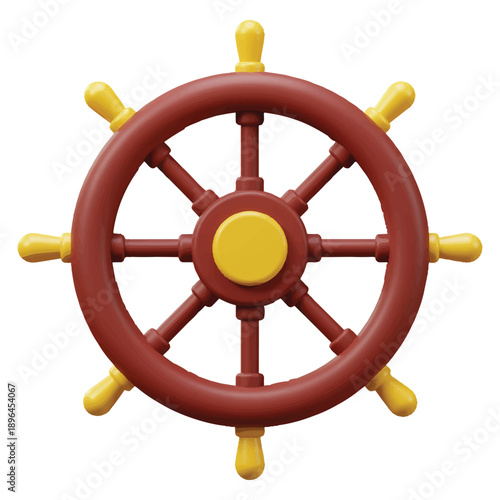 Ship wheel with yellow handles and center circle on transparent background for navigation or navigation tool