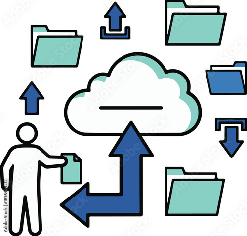 Modern Flat Vector Illustration of Cloud Data Transfer and File Backup. User Syncing Documents with Server