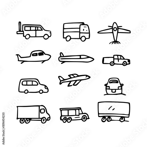 Collection of hand-drawn doodle transportation vehicles including cars, trucks, and planes