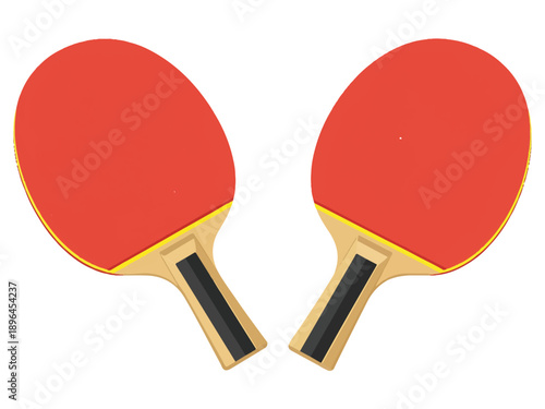 Two red and yellow table tennis rackets with black handles on white background  sports equipment