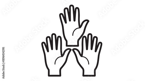 Hands with open palms and extended fingers in a collaborative gesture, symbolizing unity, cooperation, and mutual support, depicted in bold black line art with simplified, stylized forms.