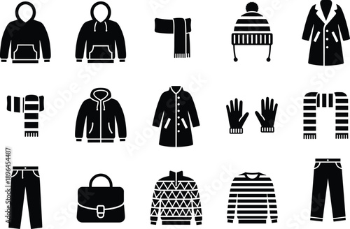 Black silhouette winter clothing icon set featuring hoodies coats scarves gloves hats sweaters and pants for seasonal cold weather fashion and apparel design