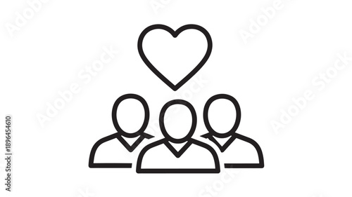 People group icon with three figures and a heart symbol above their heads, representing community, social connection, care, affection, teamwork, unity, support, collaboration, relationship, compassion