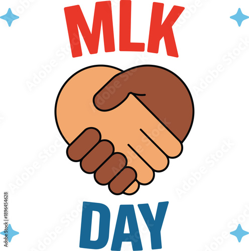 Martin Luther King Jr Day illustration featuring diverse hands shaking in a heart shape for unity, equality, peace, and civil rights movement design
