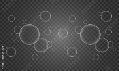 Realistic transparent soap bubbles with rainbow reflection. Isolated set composition.