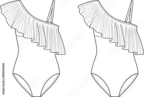Women's one shoulder swimsuit technical flat sketch featuring asymmetrical ruffle detail and adjustable spaghetti strap for swimwear apparel design