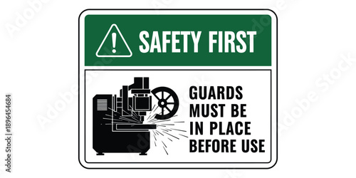 Safety first sign with machinery warning isolated on white background