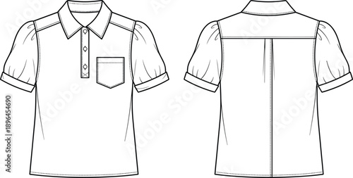 Women's short sleeve polo shirt technical flat sketch featuring puffed sleeves front pocket button placket and back pleat detail for apparel design development