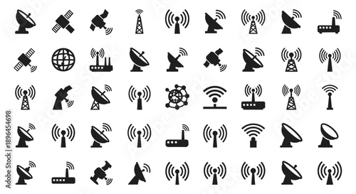 Wireless Communication Icons Set – Satellite, Antenna, WiFi and Network Signal Symbols for Technology Design
