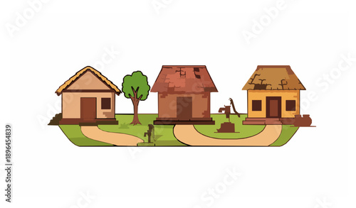 Indian village cartoon background vector with traditional rural houses and cultural elements