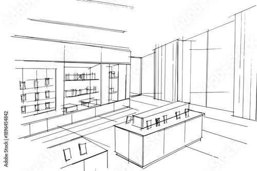 electronic equipment store sketch drawing,computer and gadget shop. ,Modern design,vector,2d illustration