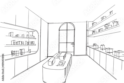 electronic equipment store sketch drawing,computer and gadget shop. ,Modern design,vector,2d illustration