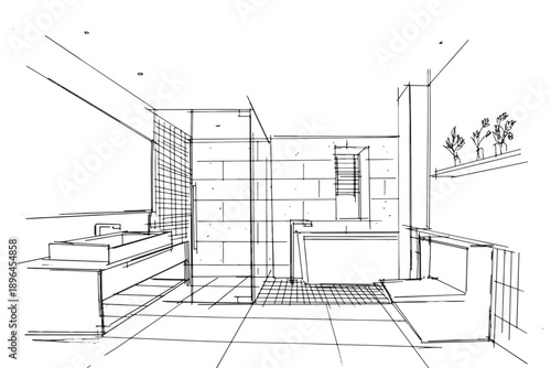 Bath room sketch drawing,Modern design,vector,2d illustration
