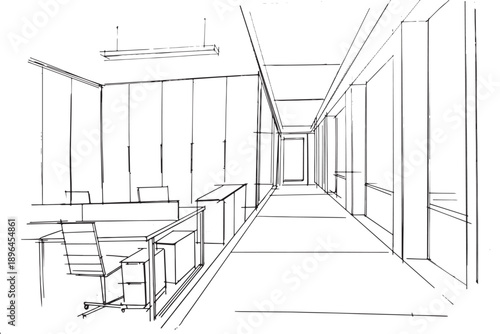 Office space sketch drawing,Modern design,vector,2d illustration