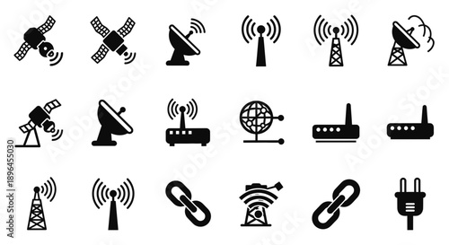 Wireless Communication Icons Set – Satellite, Antenna, WiFi and Network Signal Symbols for Technology Design