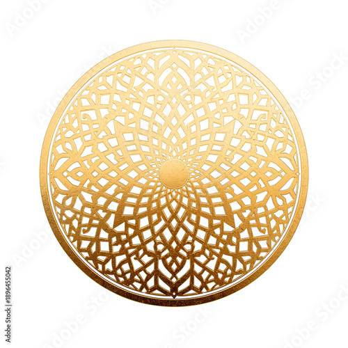 Detailed Round Golden Decorative Piece With Intricate Carvings Displayed on a...