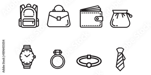 Collection of various personal accessories and bags in simple line art