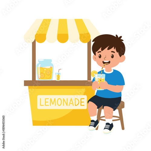 Boy at Lemonade Stand Illustration - Summer Refreshment and Small Business Concept