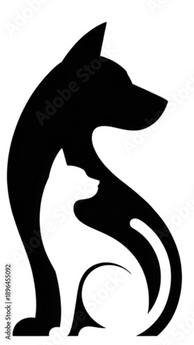 Black silhouette dog and little cat isolated on transparent background.
