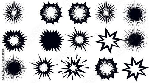 A collection of various starburst and explosion graphic designs in black and white isolated on white background, Vector