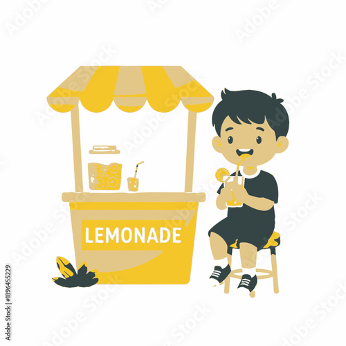 Boy at Lemonade Stand Illustration - Summer Refreshment and Small Business Concept